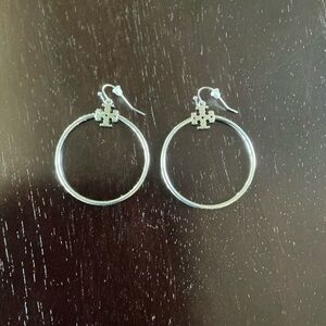 Tory Burch Silver Hoop Earrings with Puzzle Charm